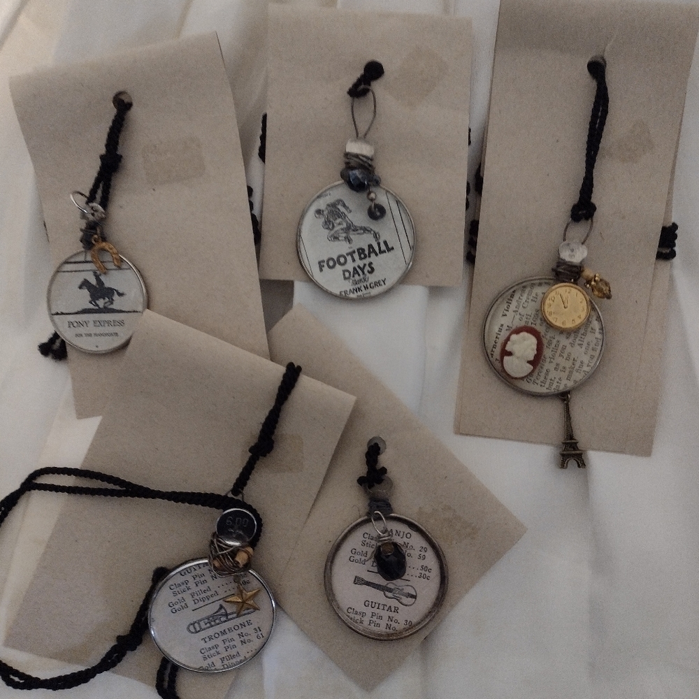 Optic lens necklaces, lot of 6, football, music, Paris etc.